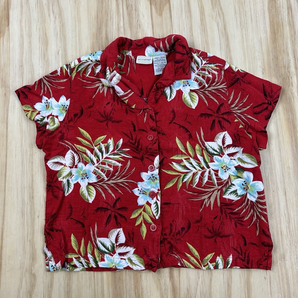 White Stag Womens L Red Floral Rayon Hawaiian Crop Resort Shirt Tropical